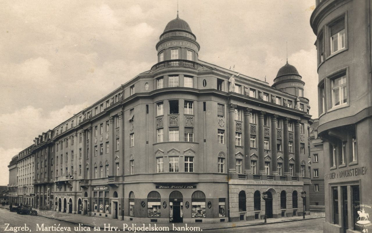 Martićeva ulica 1933. godine. Hrvatska poljodjelska banka (sagrađena 1926.-1927. godine)